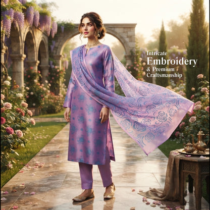 Lavender Purple & Sky Blue Ambose Silk 3 Piece Suit