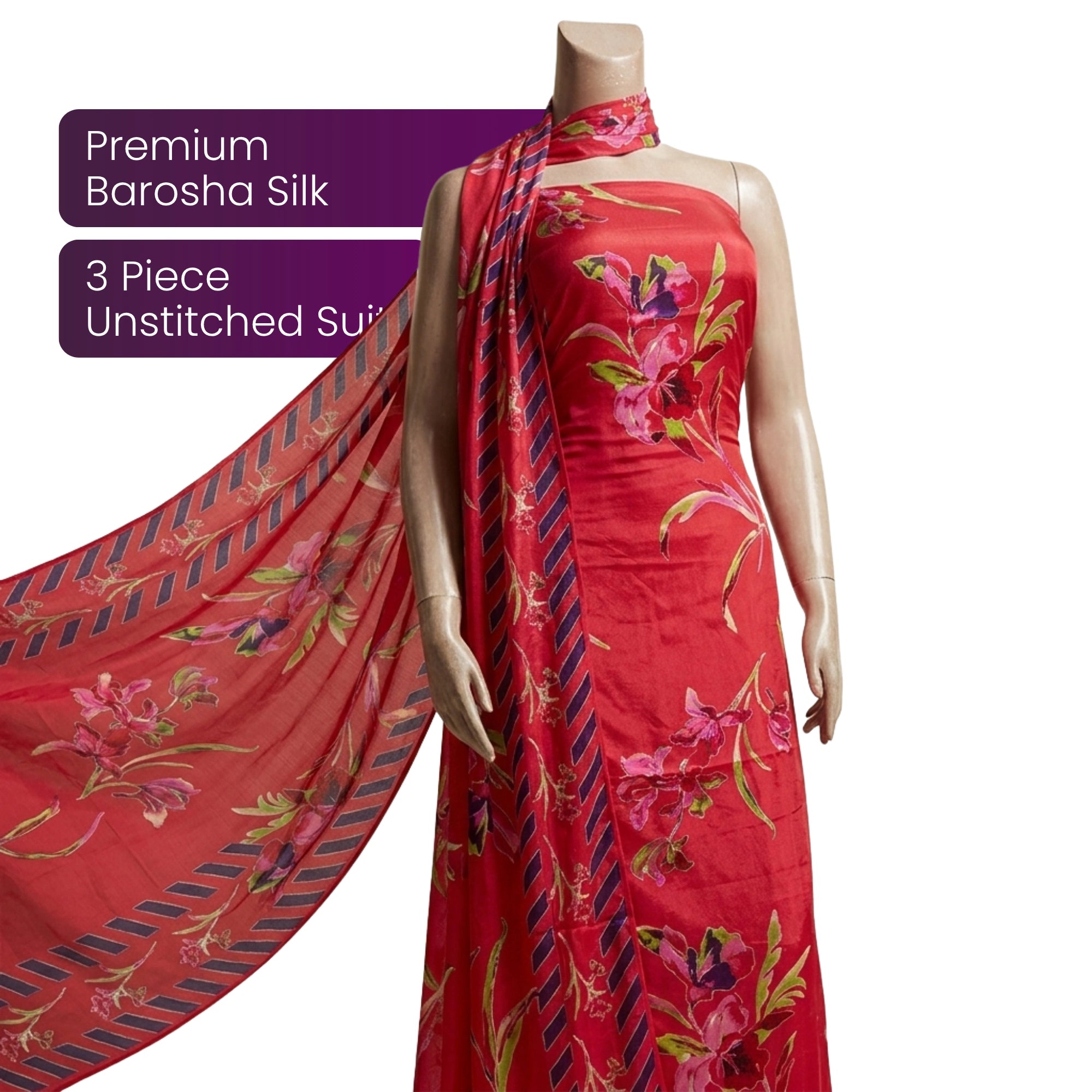 Red Barosha Silk 3 Piece Unstitched Suit Pakistan