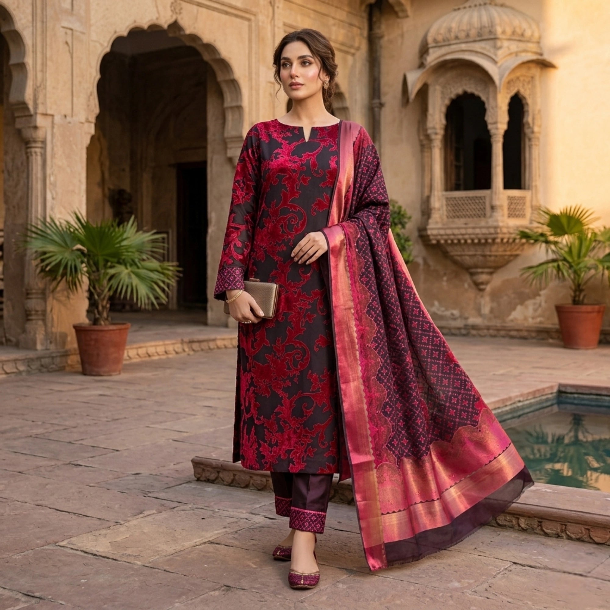 Ruby Noir Red n Black Barosha Silk 3 Piece Unstitched Suit