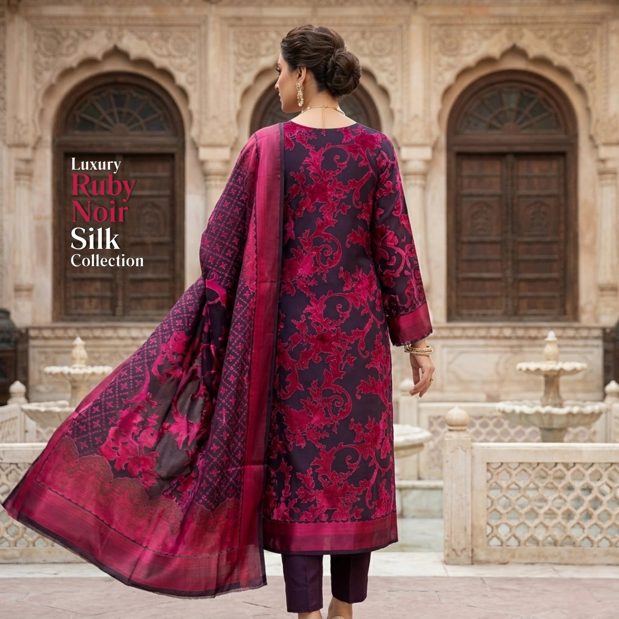Ruby Noir Red n Black Barosha Silk 3 Piece Unstitched Suit