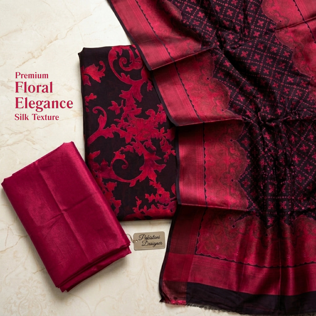 Ruby Noir Red n Black Barosha Silk 3 Piece Unstitched Suit
