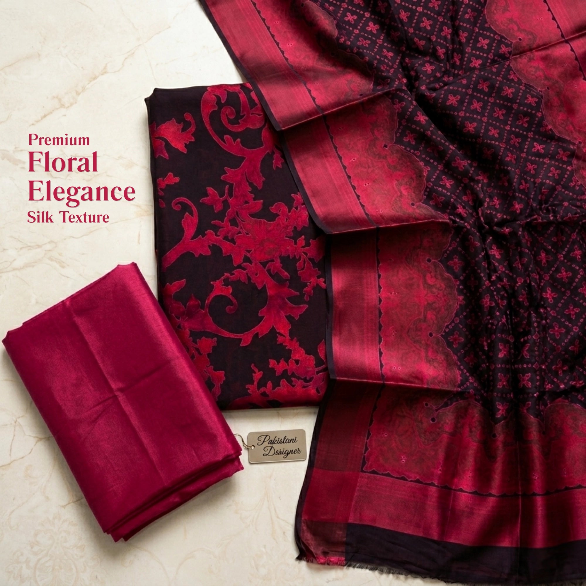 Ruby Noir Red n Black Barosha Silk 3 Piece Unstitched Suit