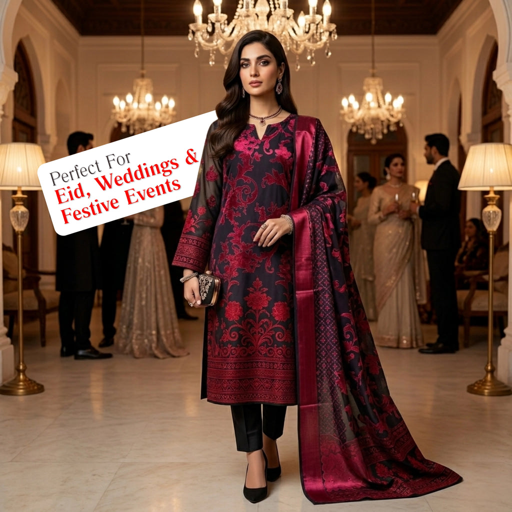 Ruby Noir Red n Black Barosha Silk 3 Piece Unstitched Suit