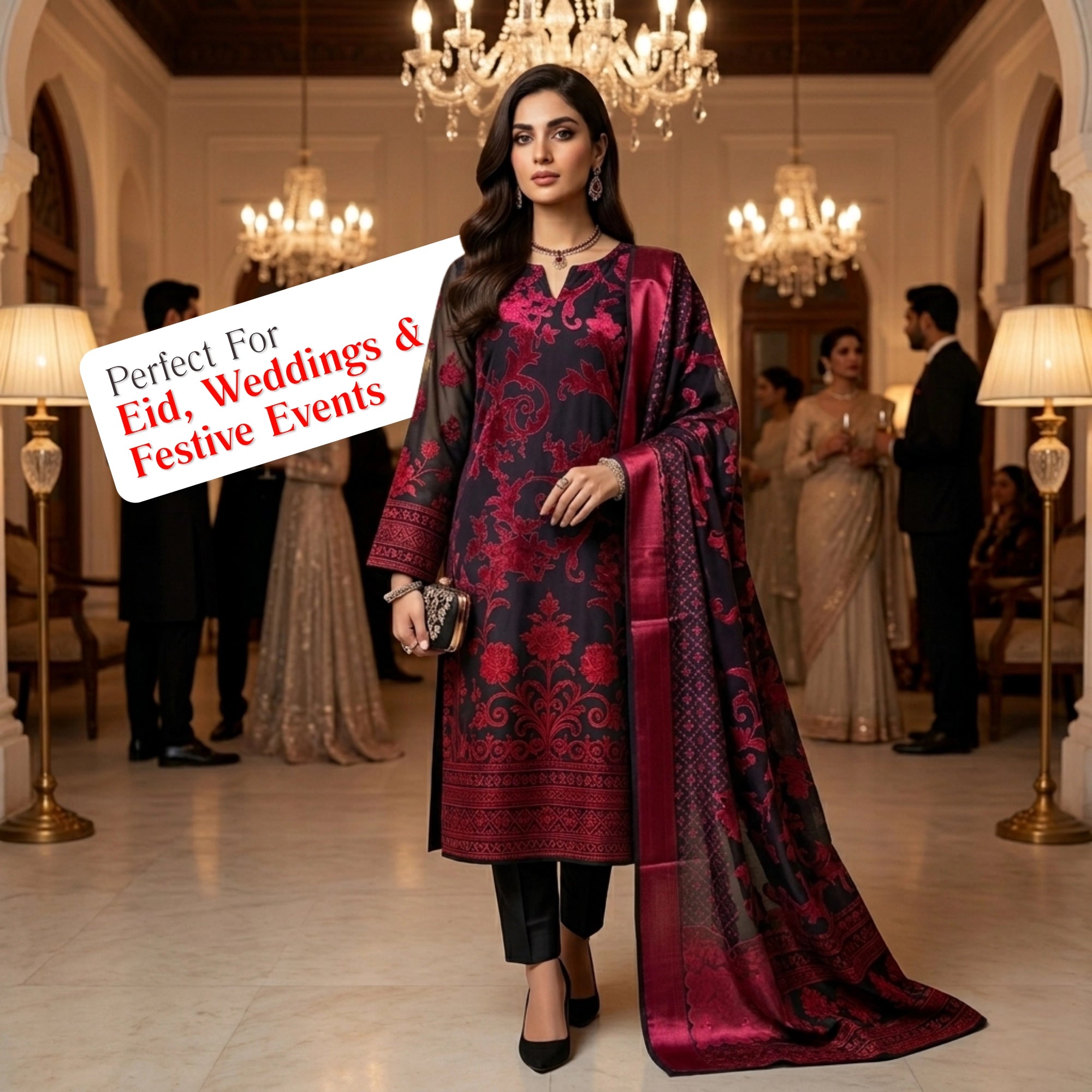 Ruby Noir Red n Black Barosha Silk 3 Piece Unstitched Suit