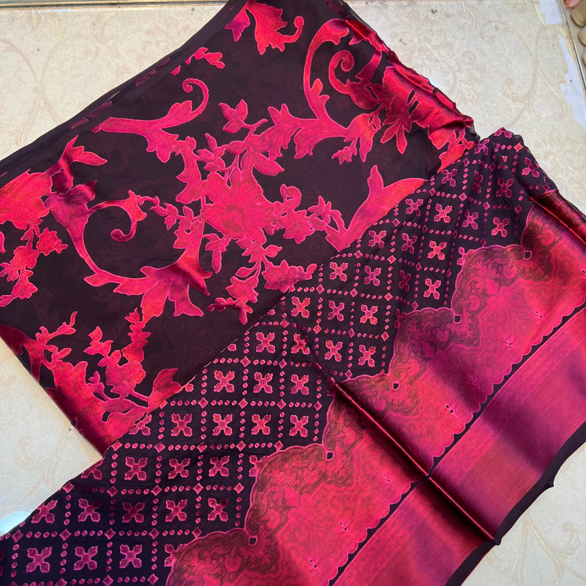 Ruby Noir Red n Black Barosha Silk 3 Piece Unstitched Suit