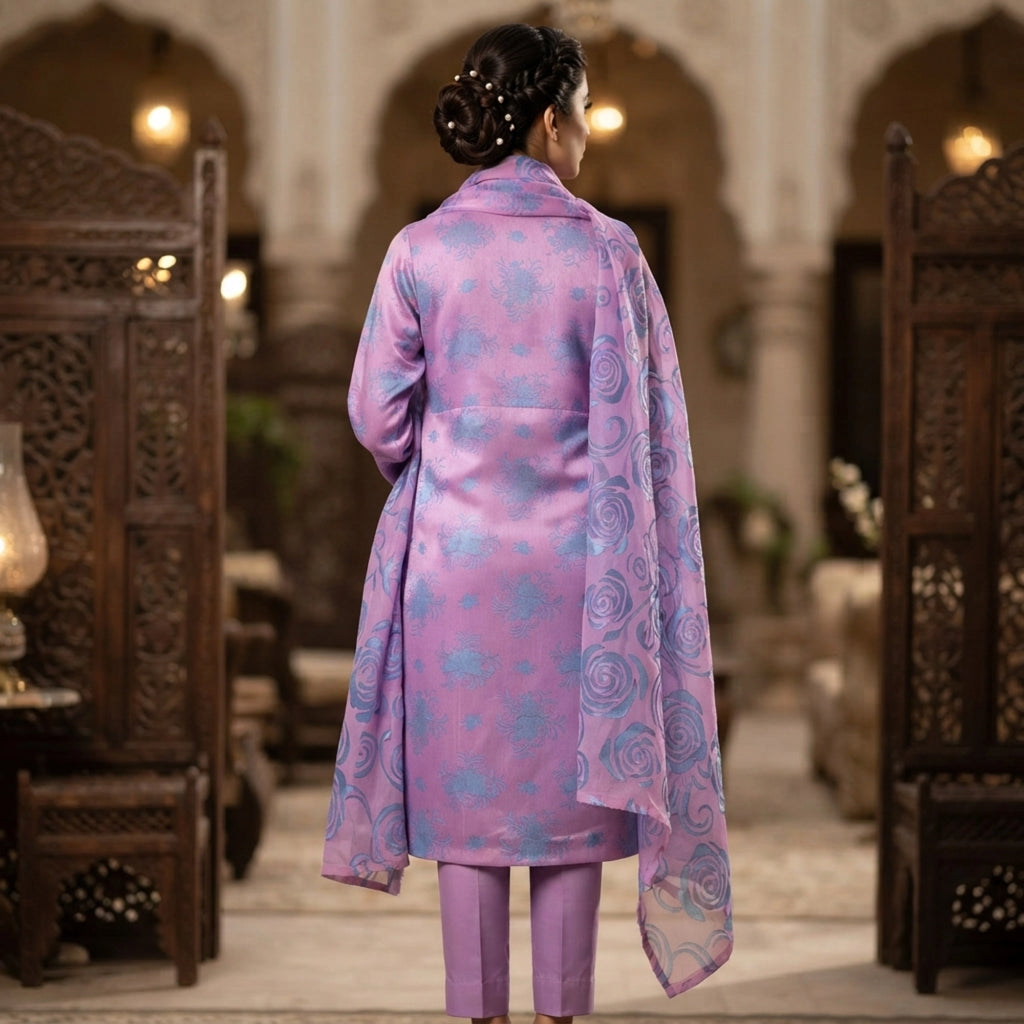 Lavender Purple & Sky Blue Ambose Silk 3 Piece Suit