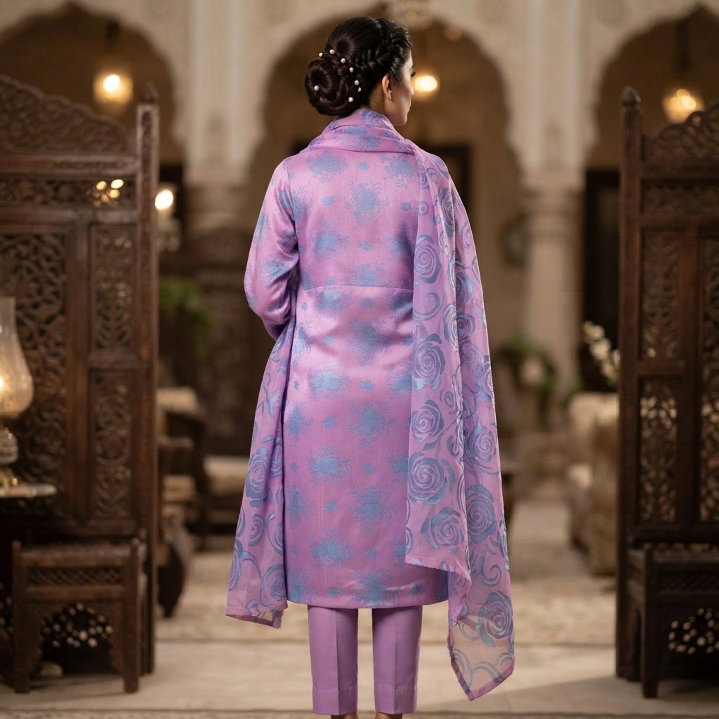Lavender Purple & Sky Blue Ambose Silk 3 Piece Suit