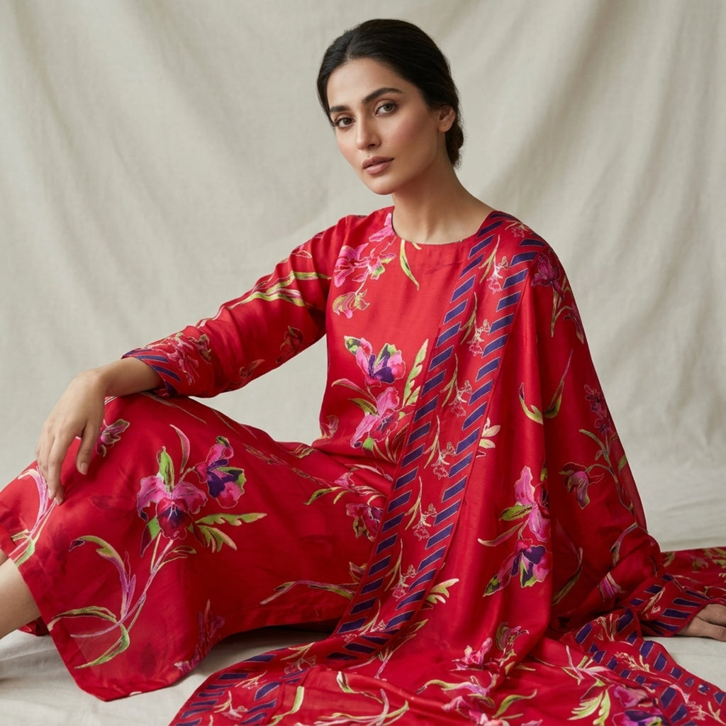 Red Barosha Silk 3 Piece Unstitched Suit Pakistan