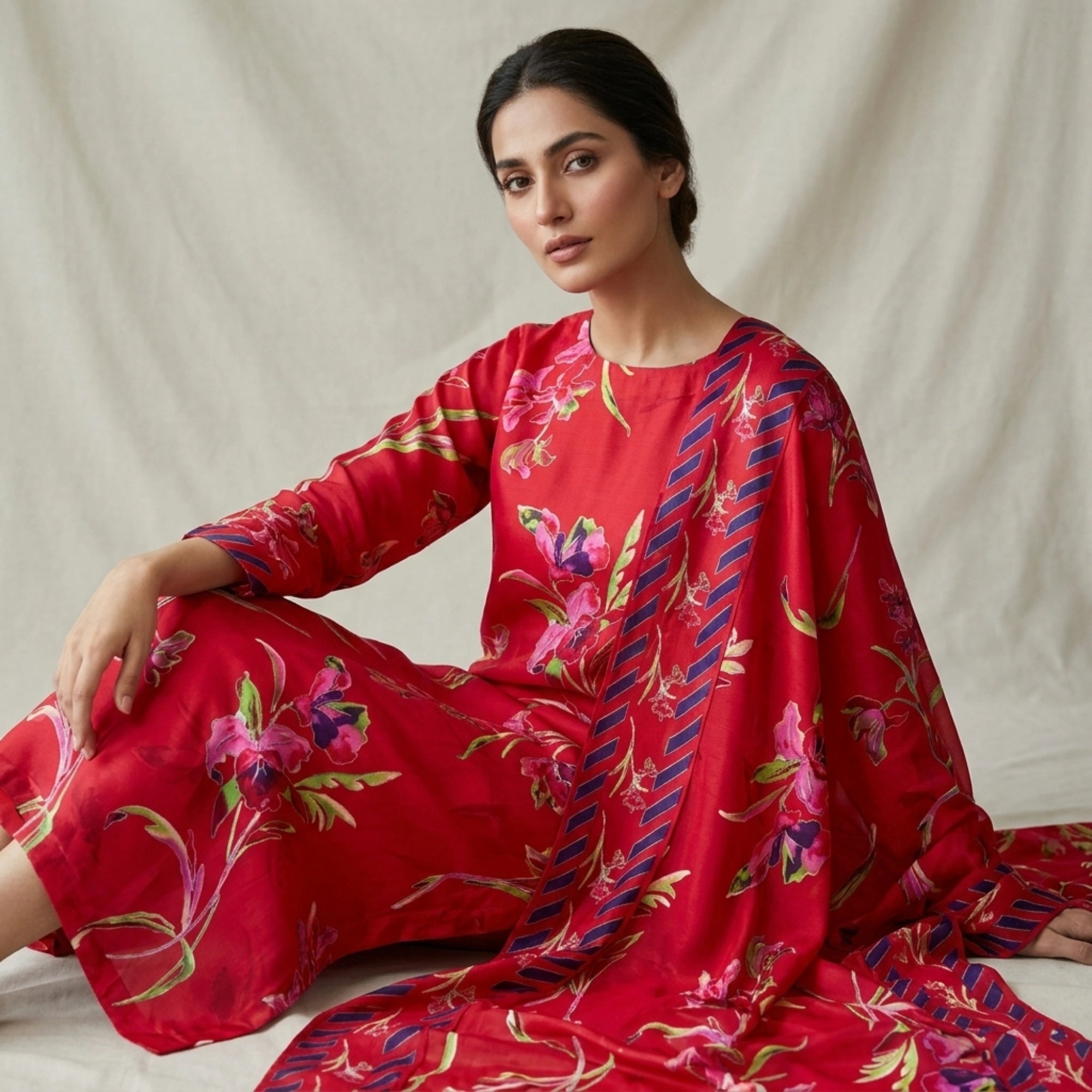 Red Barosha Silk 3 Piece Unstitched Suit Pakistan