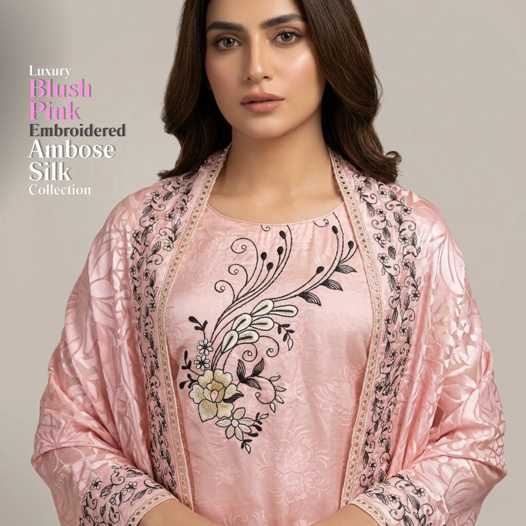 Blush Pink Embroidered Ambose Silk 3 Piece Unstitched Suit