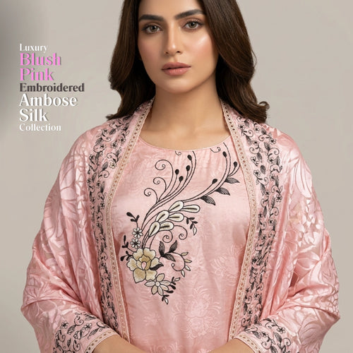 Blush Pink Embroidered Ambose Silk 3 Piece Unstitched Suit