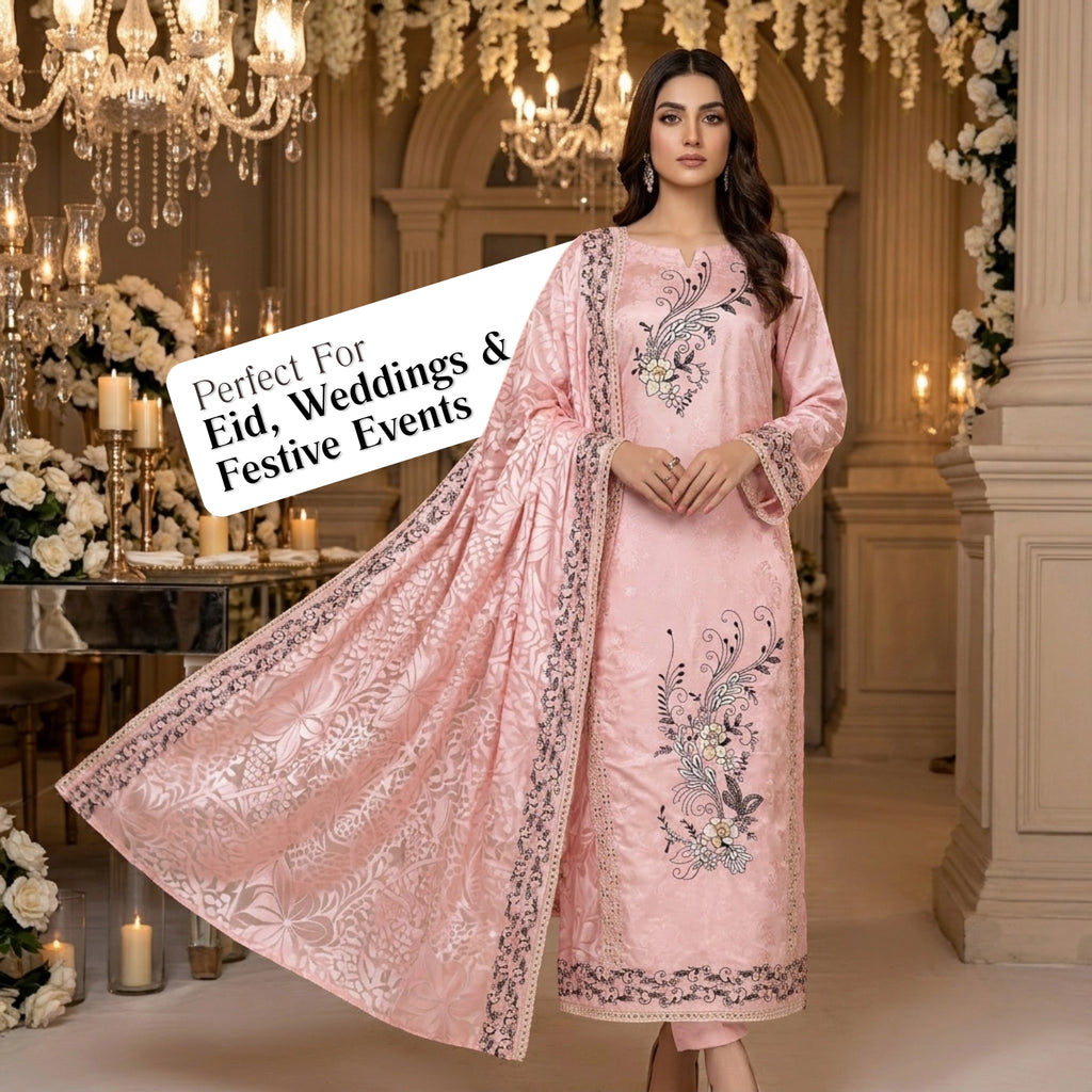 Blush Pink Embroidered Ambose Silk 3 Piece Unstitched Suit