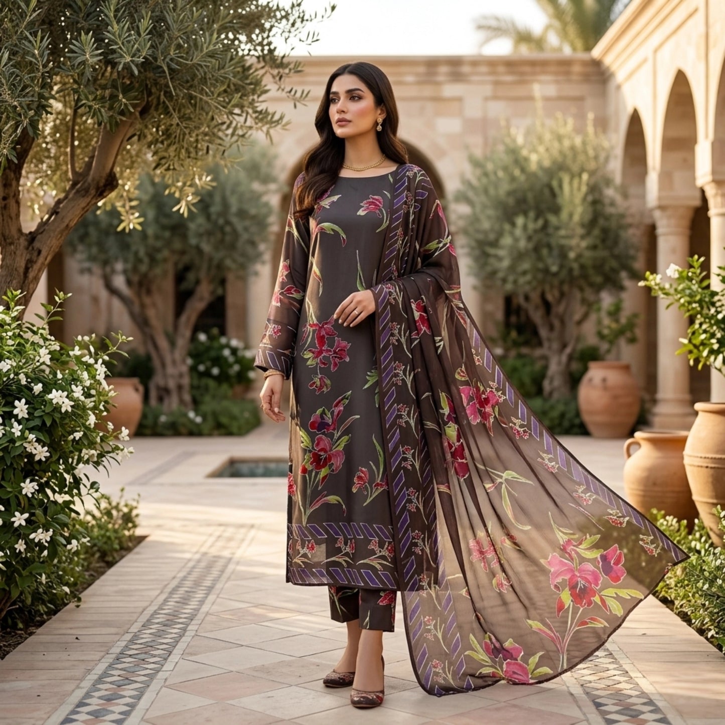 Midnight Dark Floral Barosha Silk 3 Piece Unstitched Suit