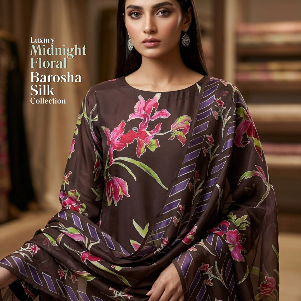 Midnight Dark Floral Barosha Silk 3 Piece Unstitched Suit