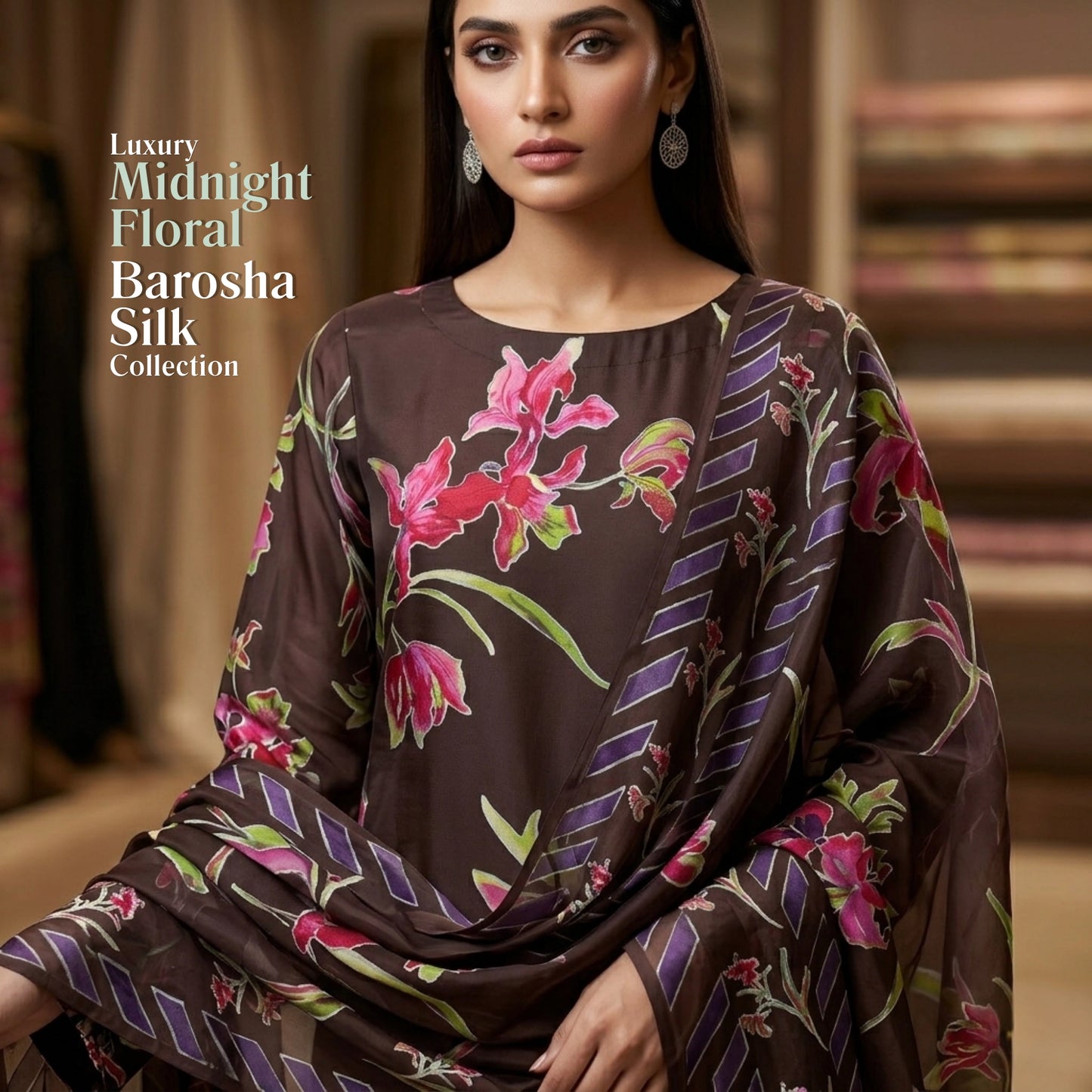Midnight Dark Floral Barosha Silk 3 Piece Unstitched Suit