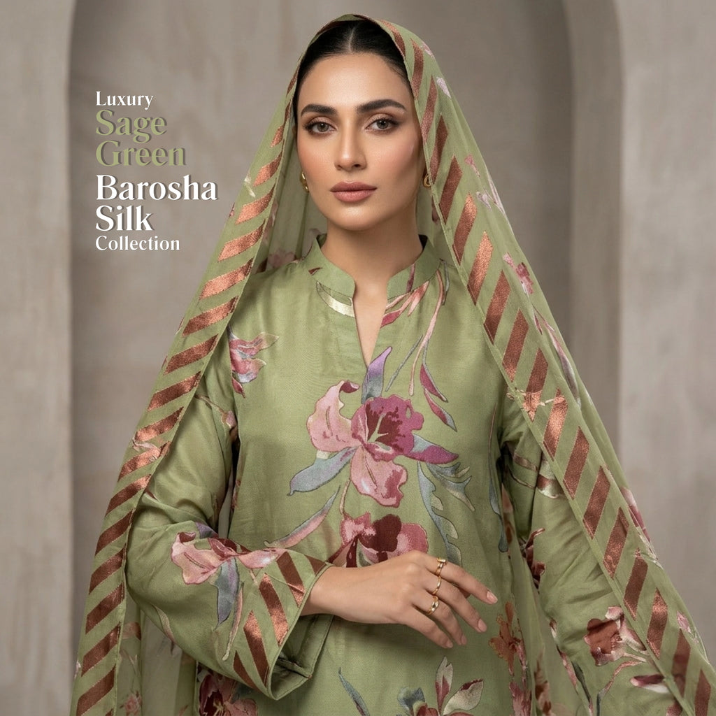 Sage Blossom Barosha Silk 3 Piece Unstitched Suit