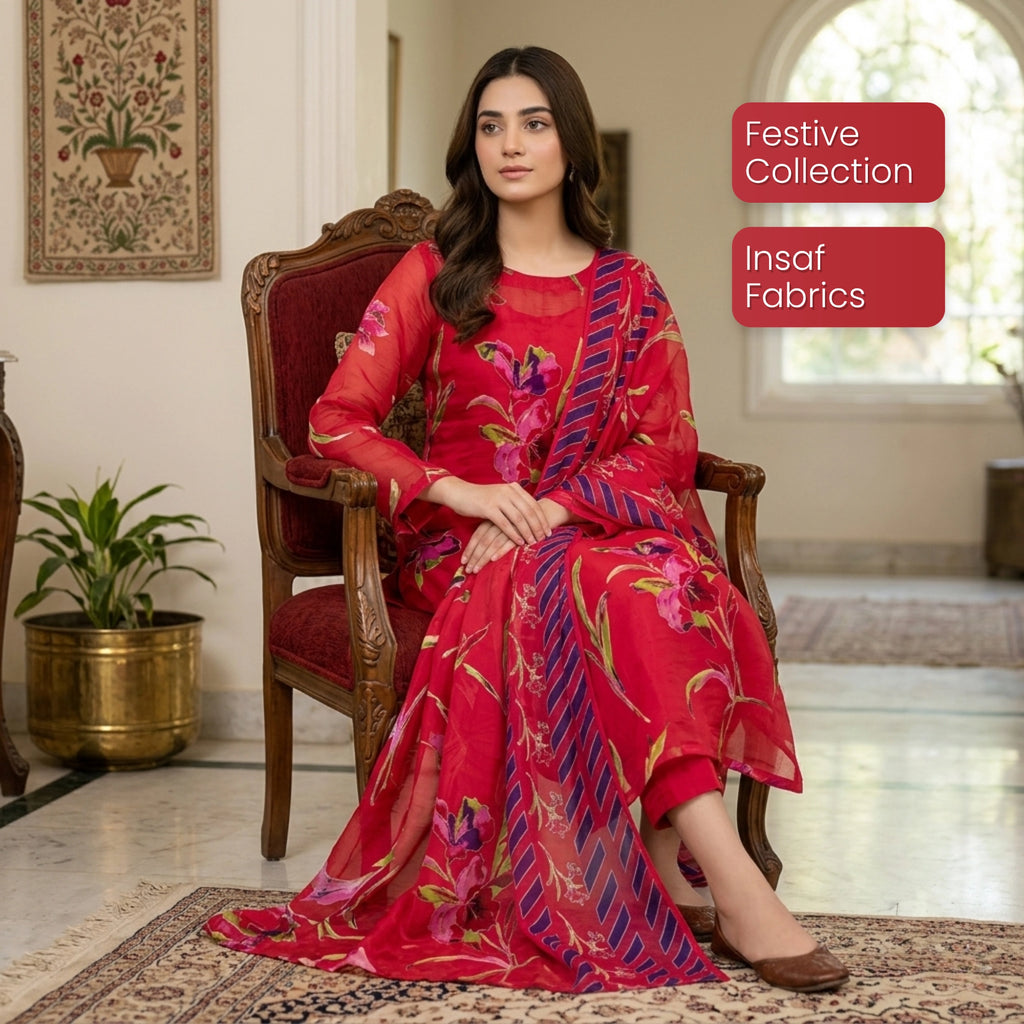 Red Barosha Silk 3 Piece Unstitched Suit Pakistan
