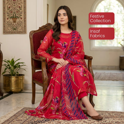Red Barosha Silk 3 Piece Unstitched Suit Pakistan