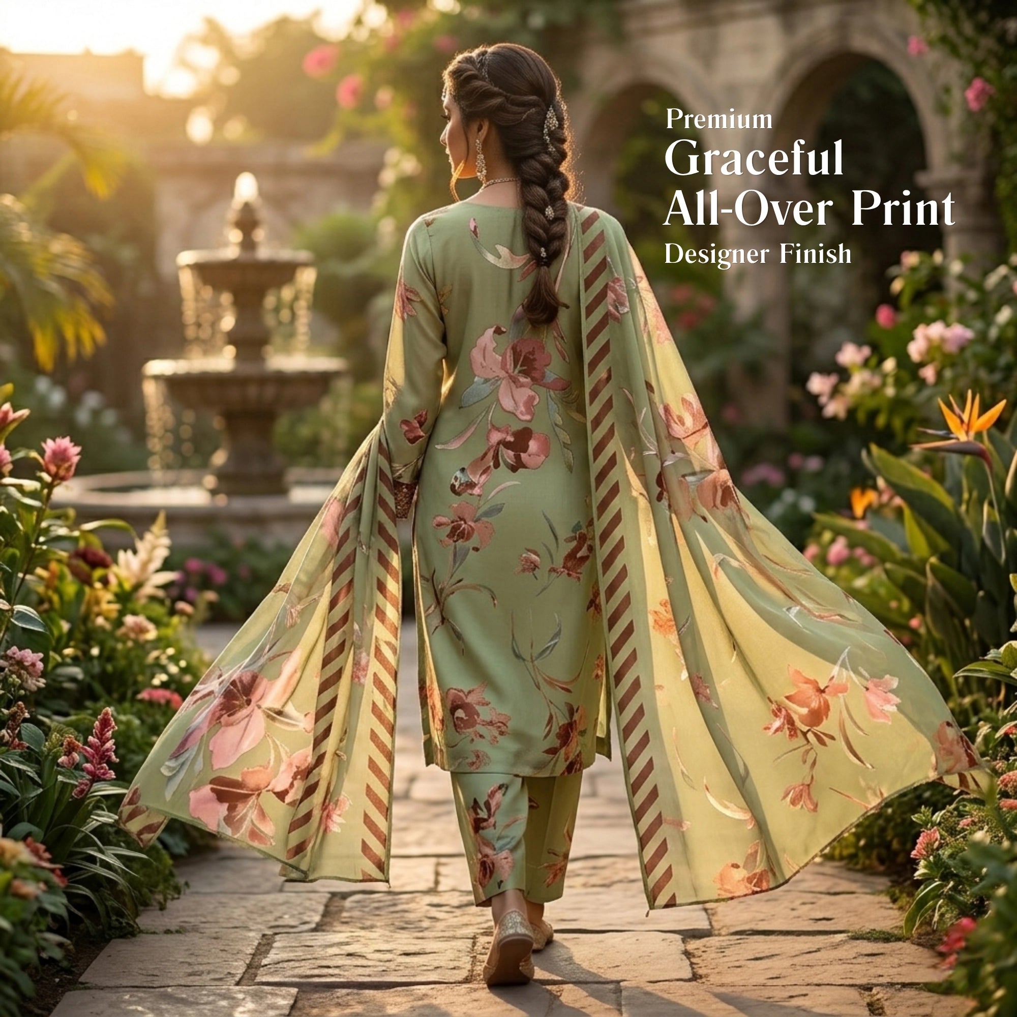 Sage Blossom Barosha Silk 3 Piece Unstitched Suit