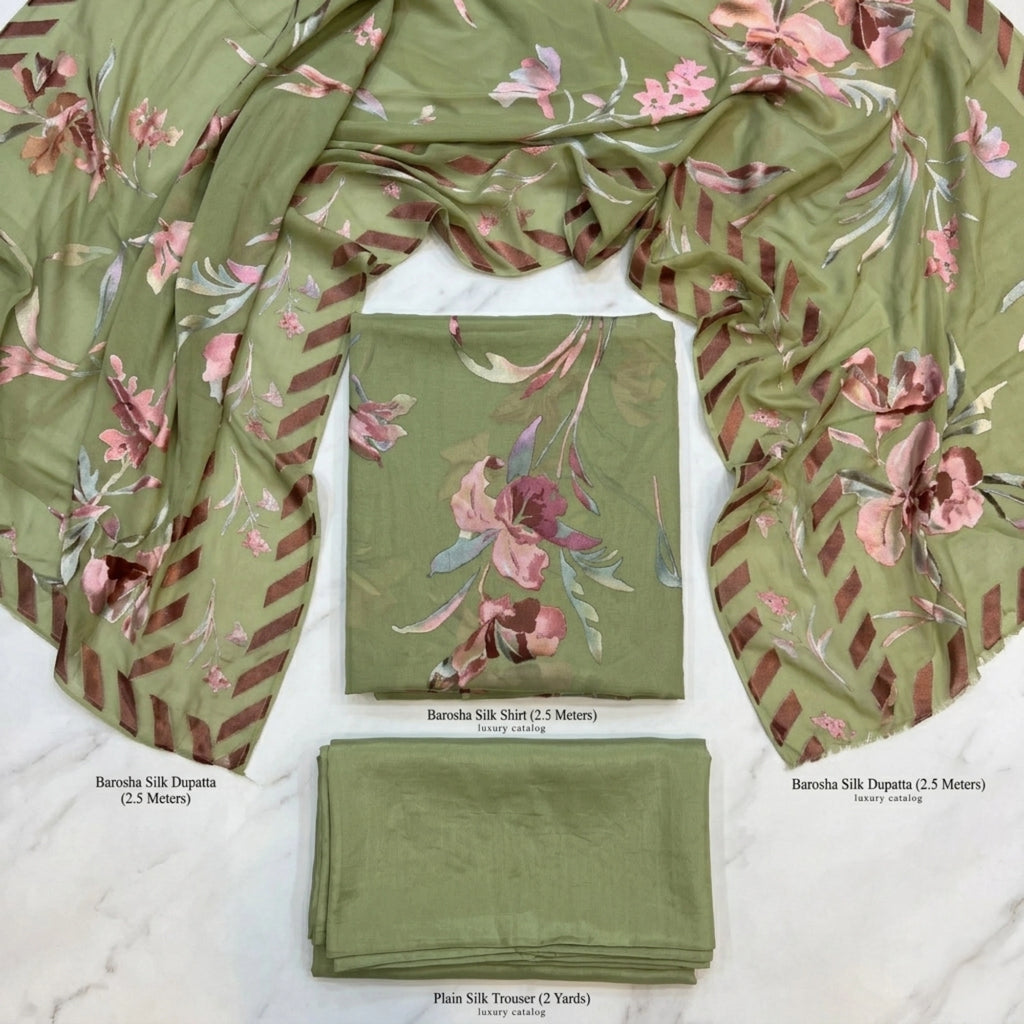 Sage Blossom Barosha Silk 3 Piece Unstitched Suit