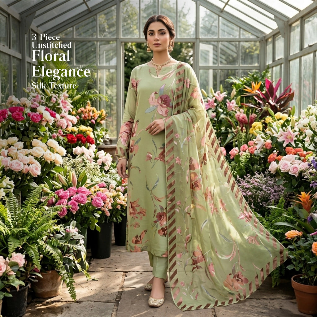 Sage Blossom Barosha Silk 3 Piece Unstitched Suit