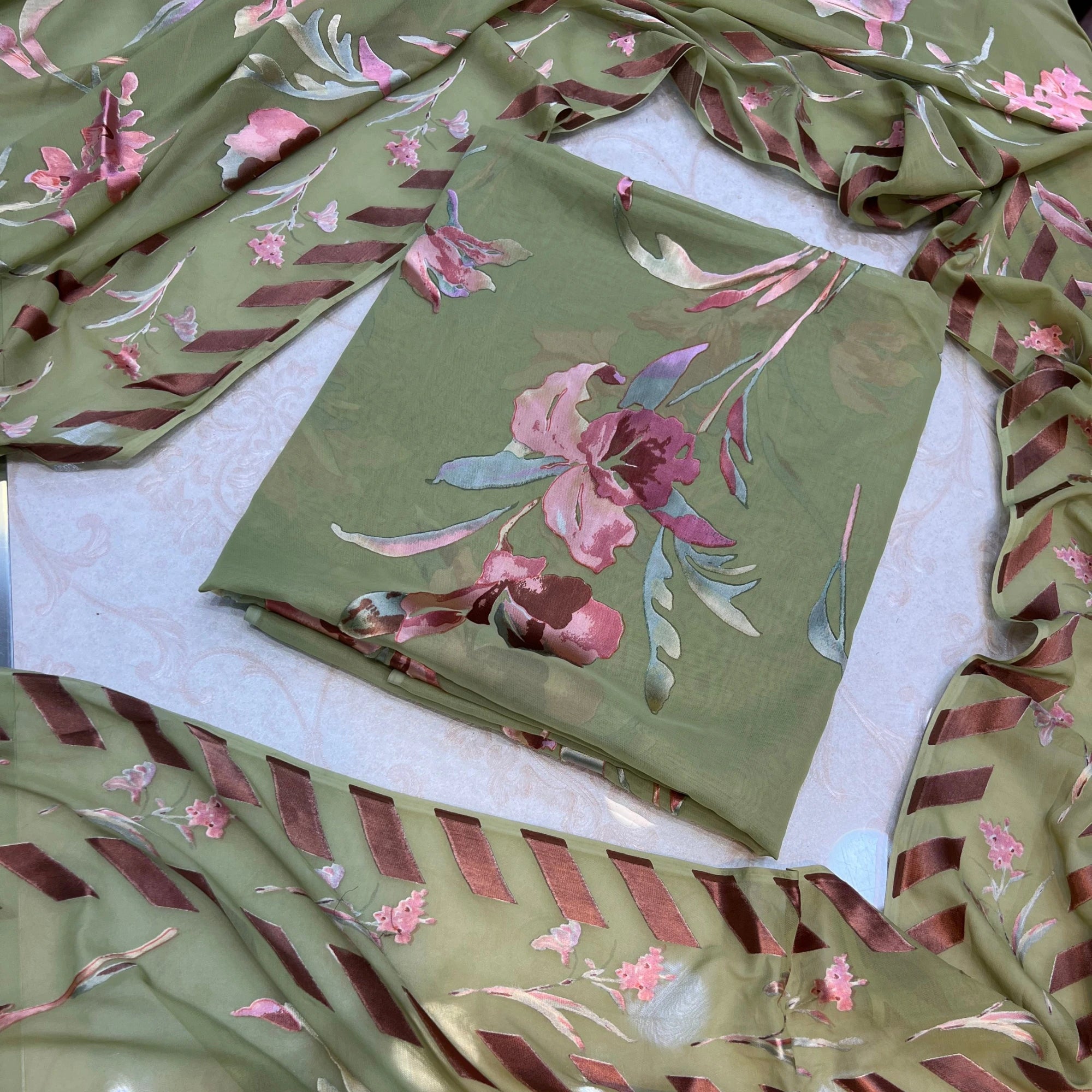 Sage Blossom Barosha Silk 3 Piece Unstitched Suit