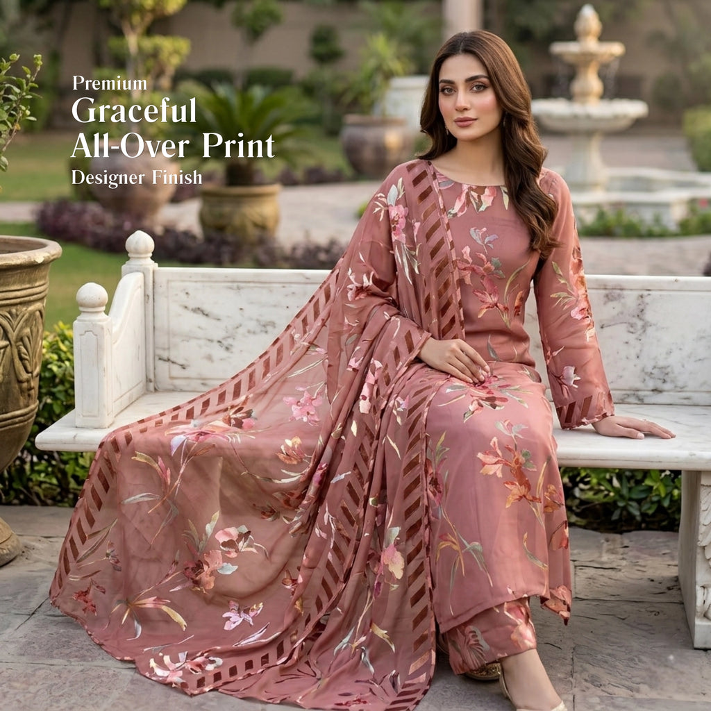 Dusty Rose Barosha Silk 3 Piece Unstitched Suit