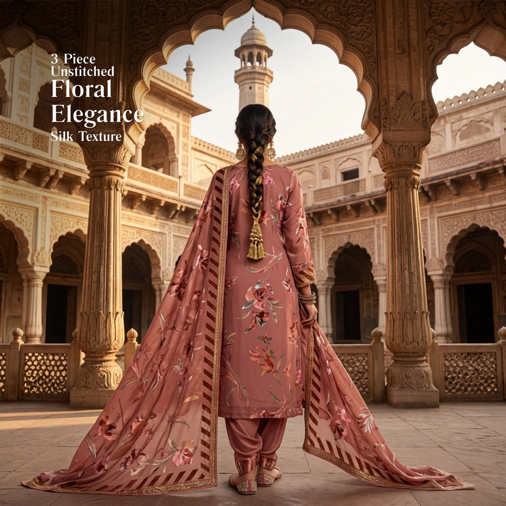 Dusty Rose Barosha Silk 3 Piece Unstitched Suit
