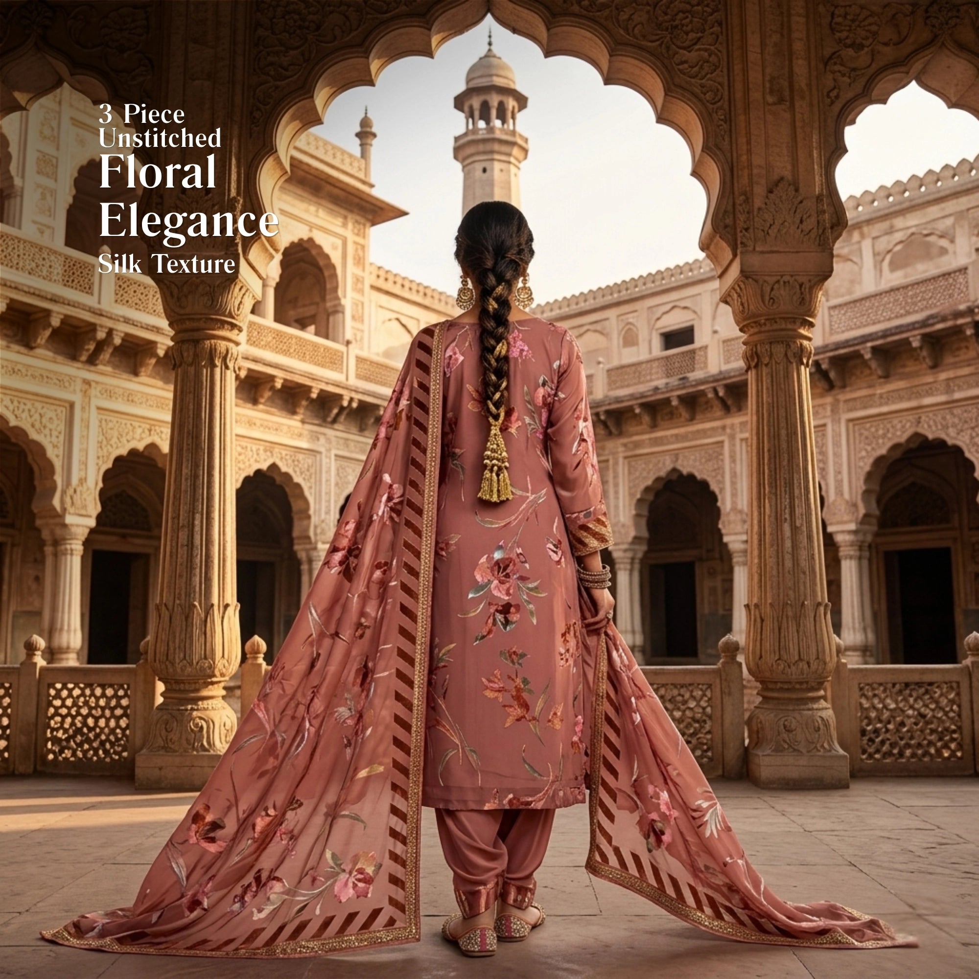 Dusty Rose Barosha Silk 3 Piece Unstitched Suit