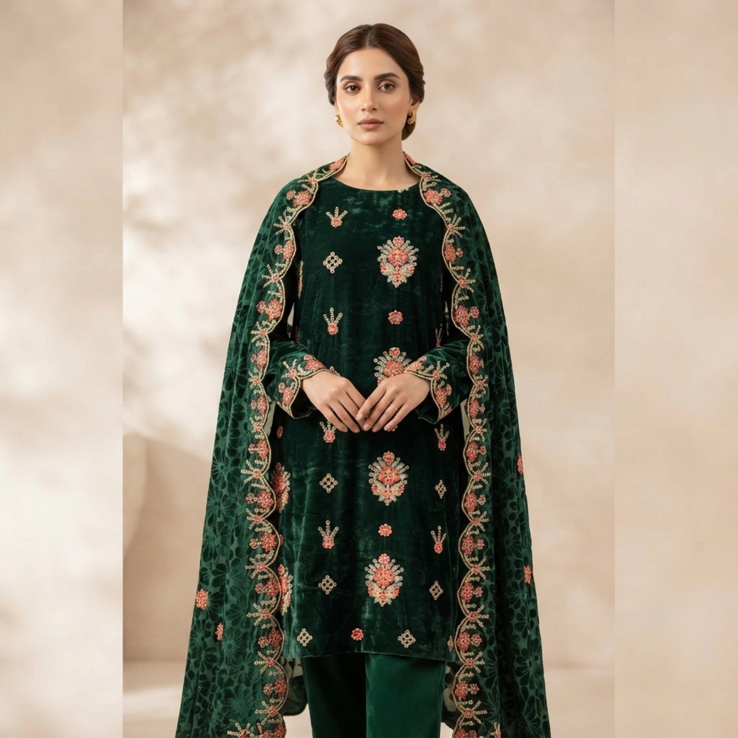 Emerald Green Embroidered Velvet 3 Piece Unstitched Suit