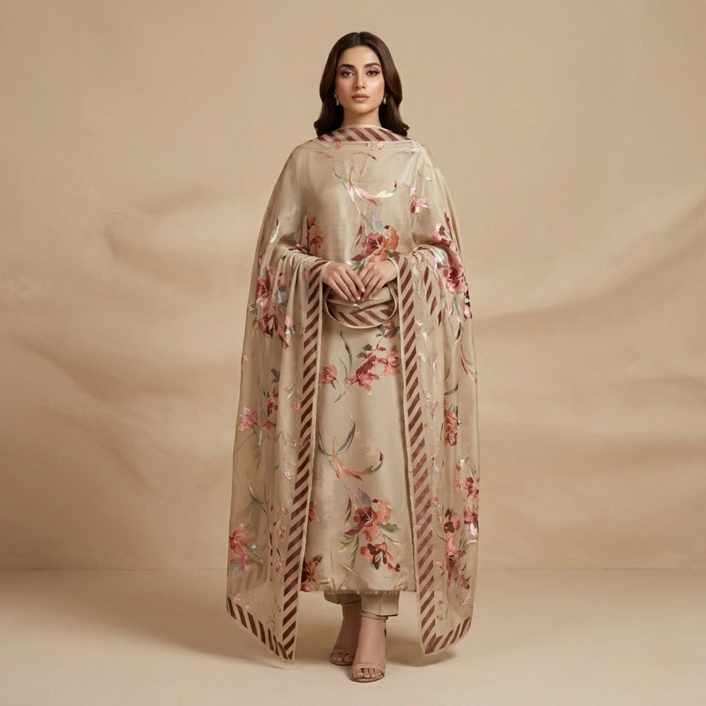 Taupe Floral Barosha Silk 3 Piece Unstitched Suit