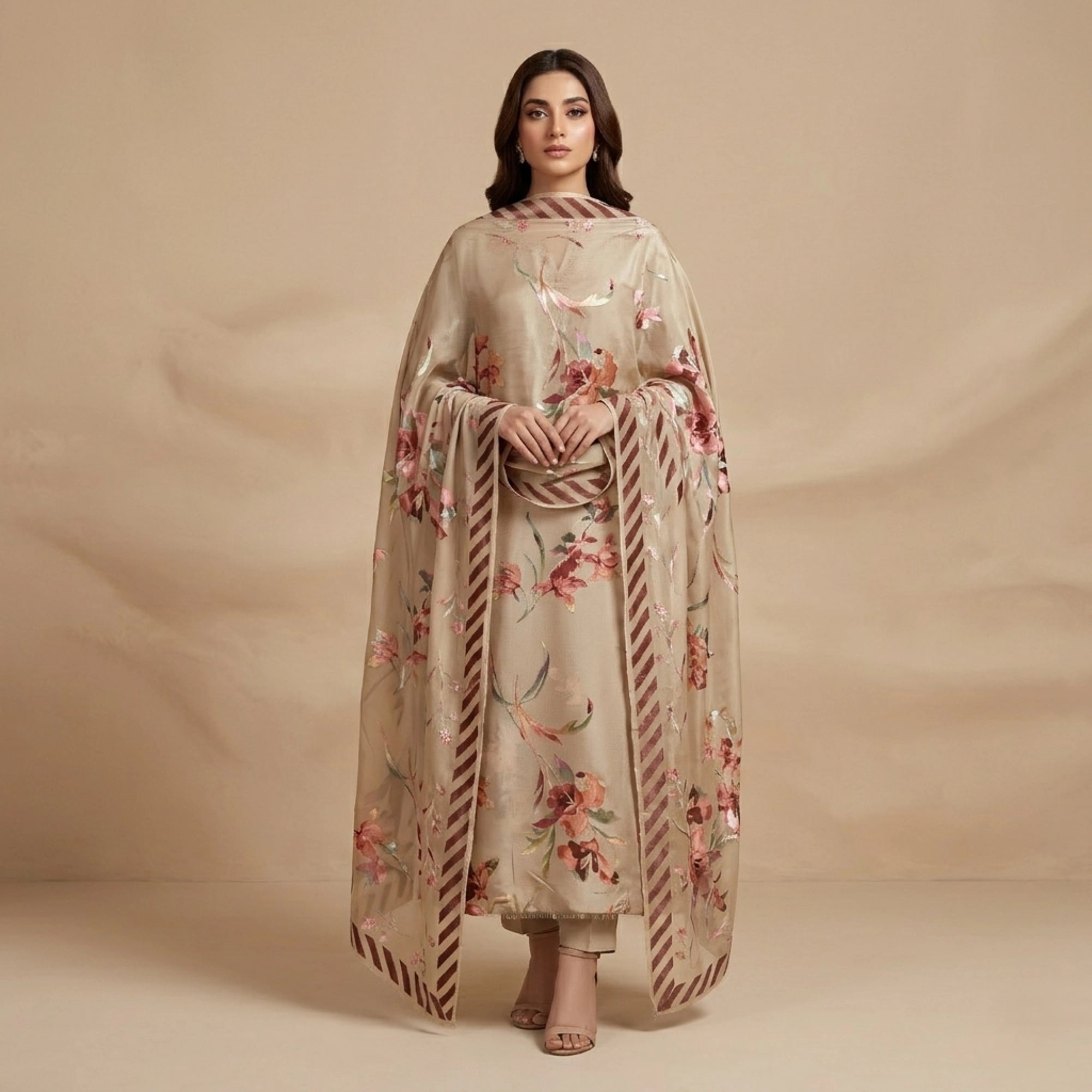 Taupe Floral Barosha Silk 3 Piece Unstitched Suit