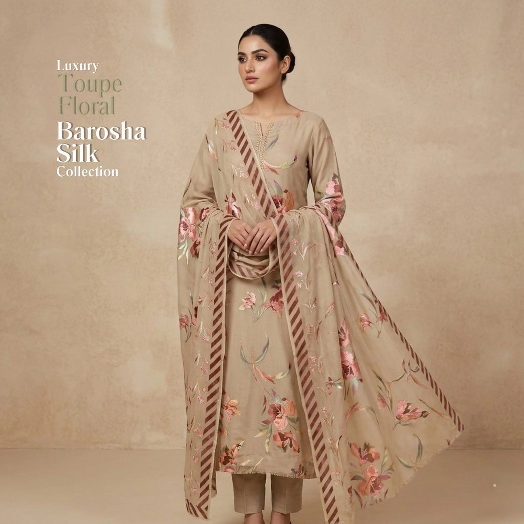 Taupe Floral Barosha Silk 3 Piece Unstitched Suit
