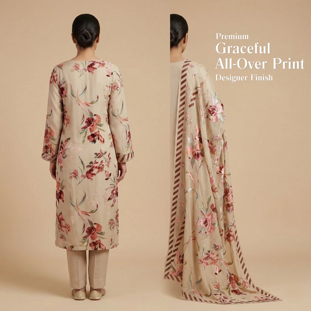 Taupe Floral Barosha Silk 3 Piece Unstitched Suit