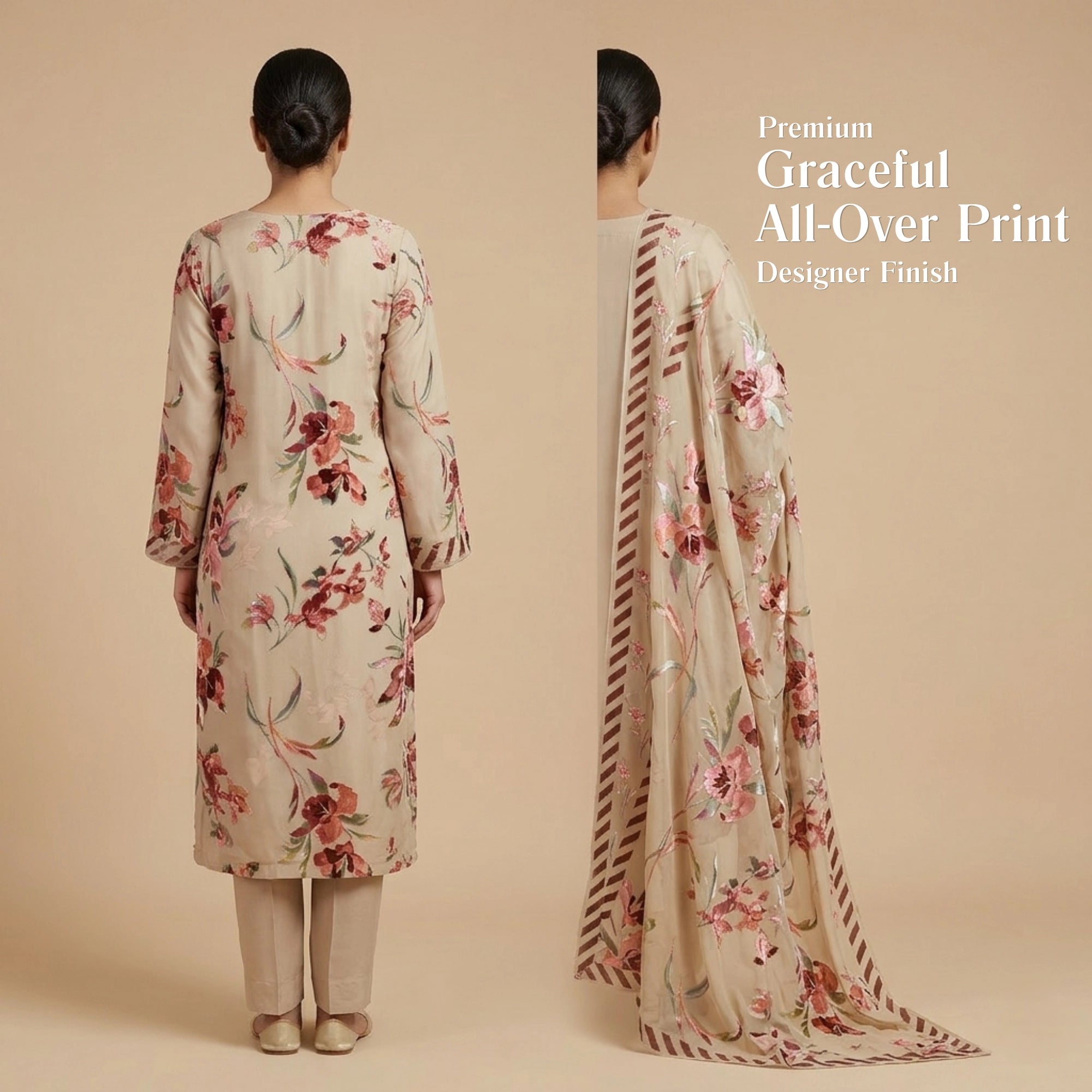 Taupe Floral Barosha Silk 3 Piece Unstitched Suit