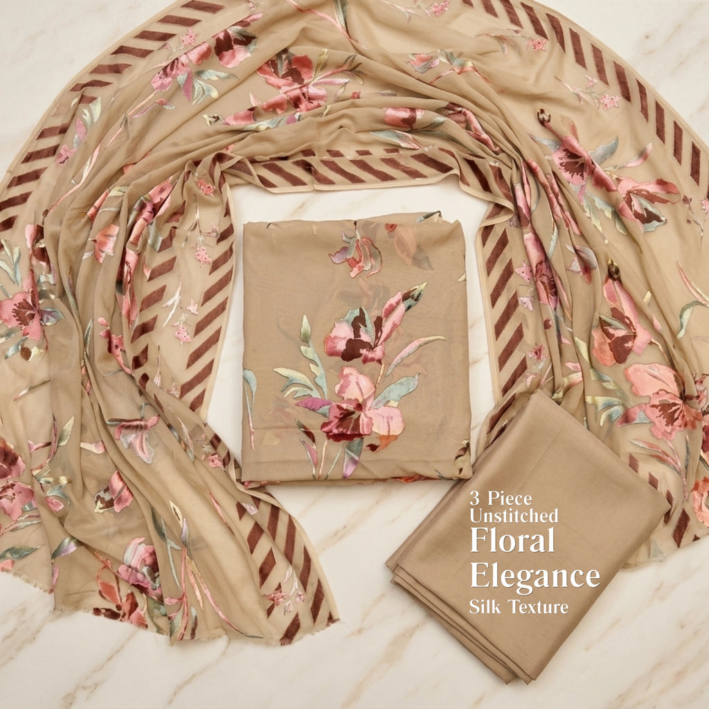 Taupe Floral Barosha Silk 3 Piece Unstitched Suit