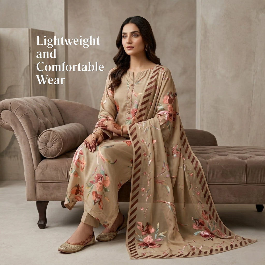 Taupe Floral Barosha Silk 3 Piece Unstitched Suit