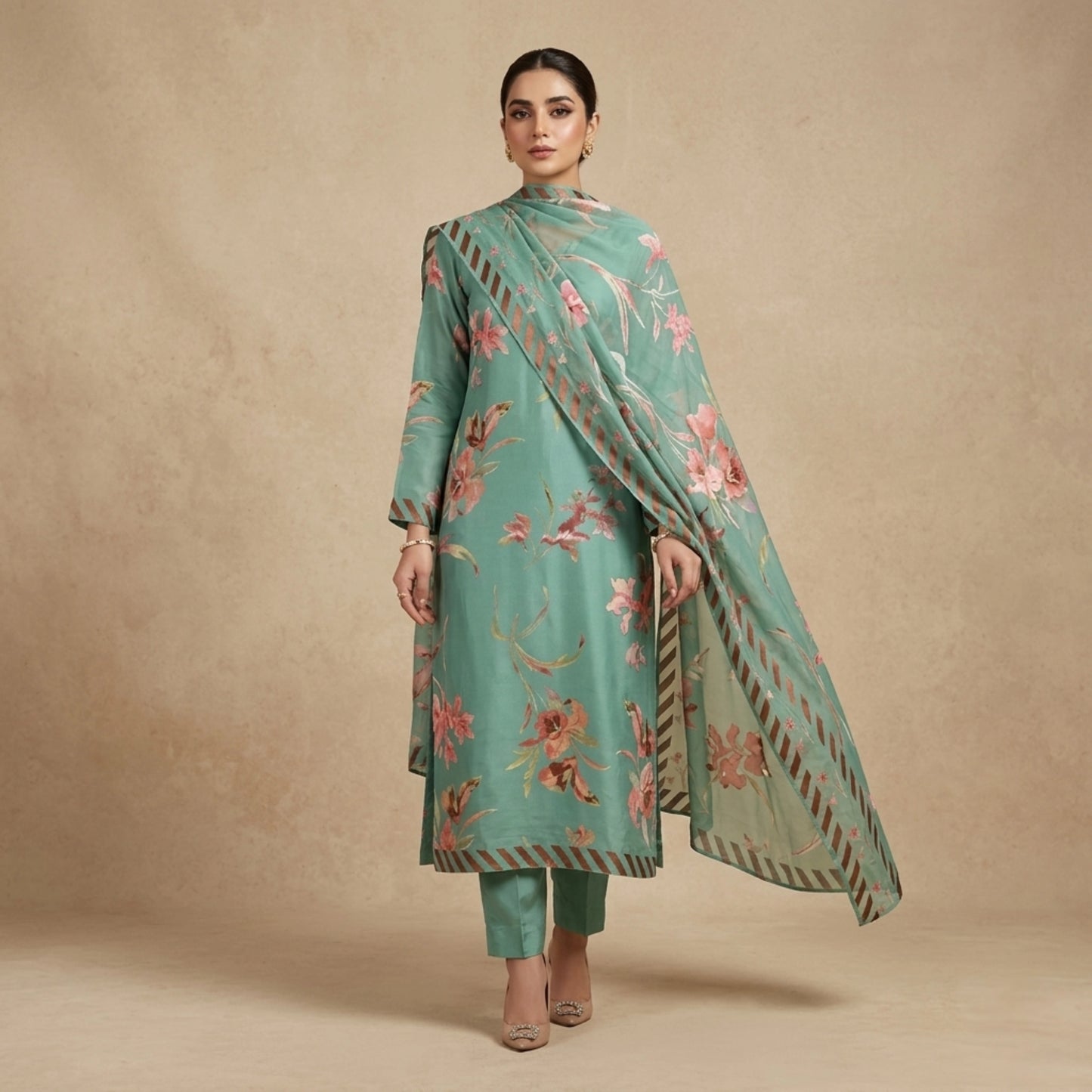 Sea Green Floral Barosha Silk 3 Piece Unstitched Suit
