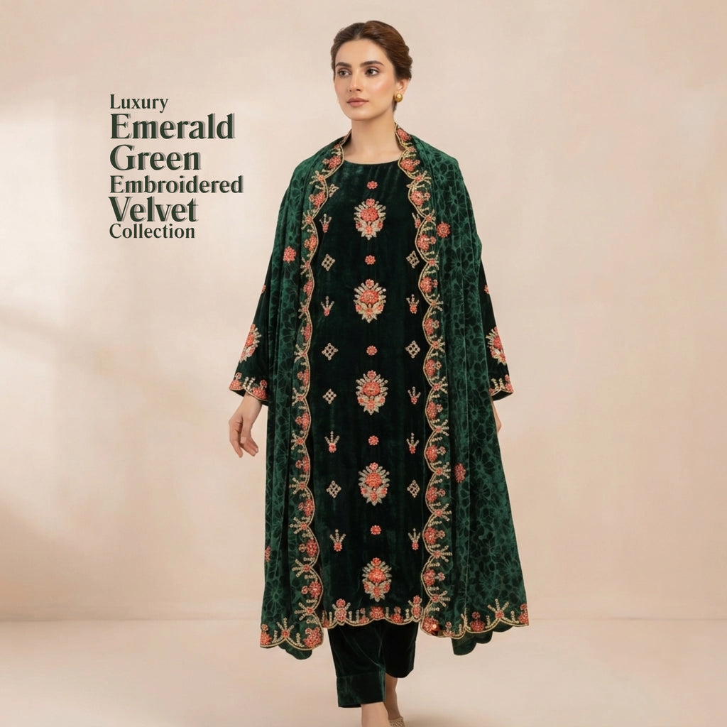 Emerald Green Embroidered Velvet 3 Piece Unstitched Suit
