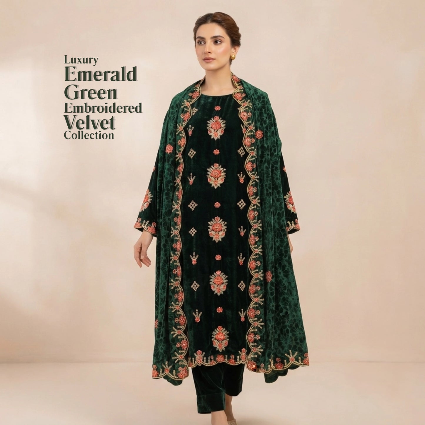 Emerald Green Embroidered Velvet 3 Piece Unstitched Suit