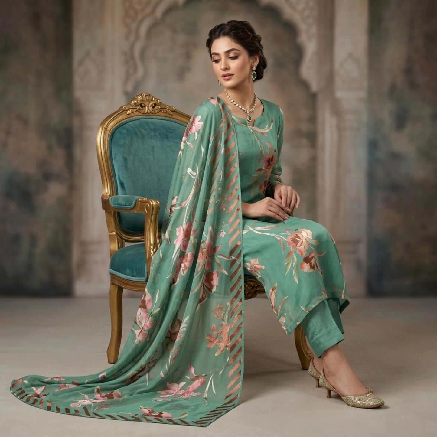 Sea Green Floral Barosha Silk 3 Piece Unstitched Suit
