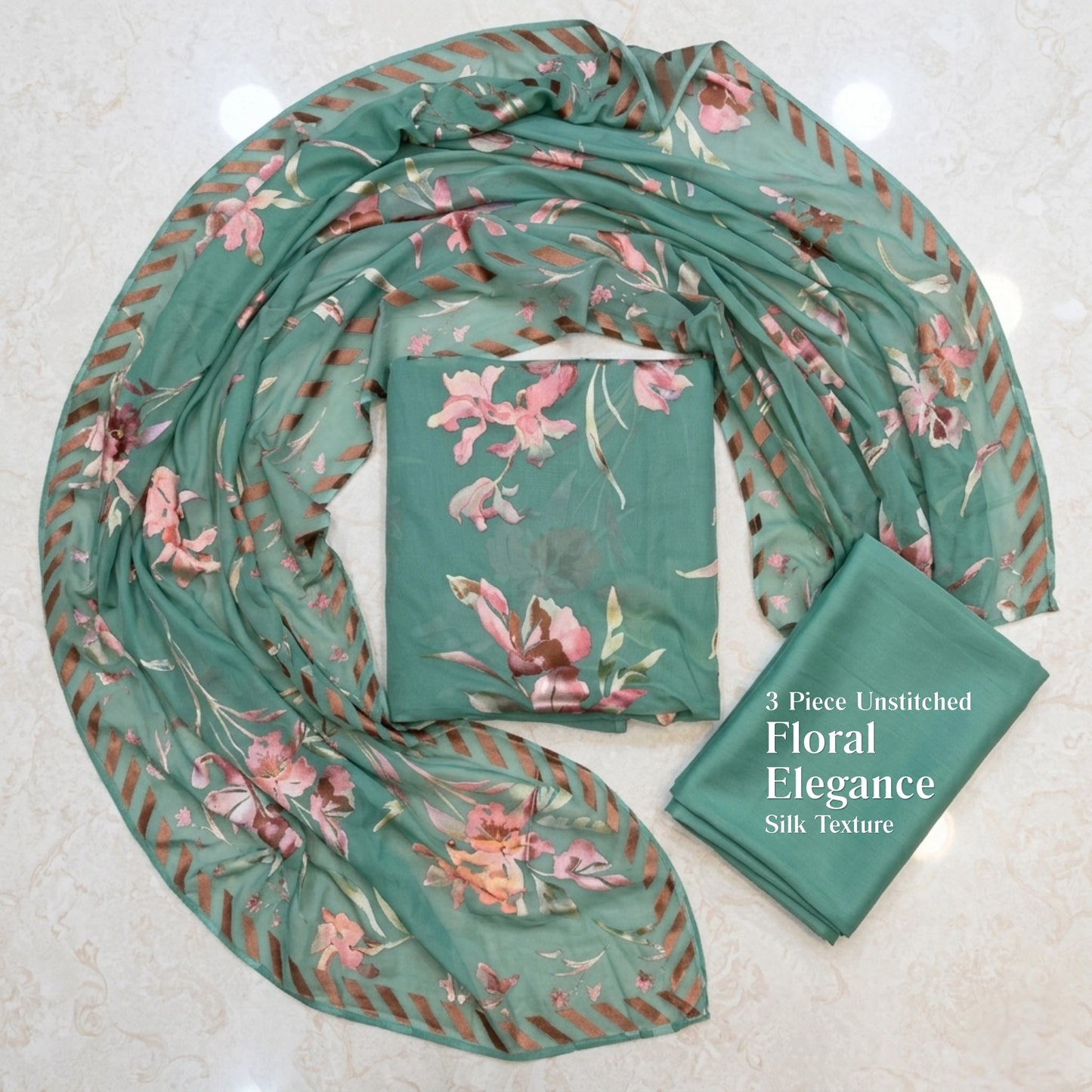 Sea Green Floral Barosha Silk 3 Piece Unstitched Suit