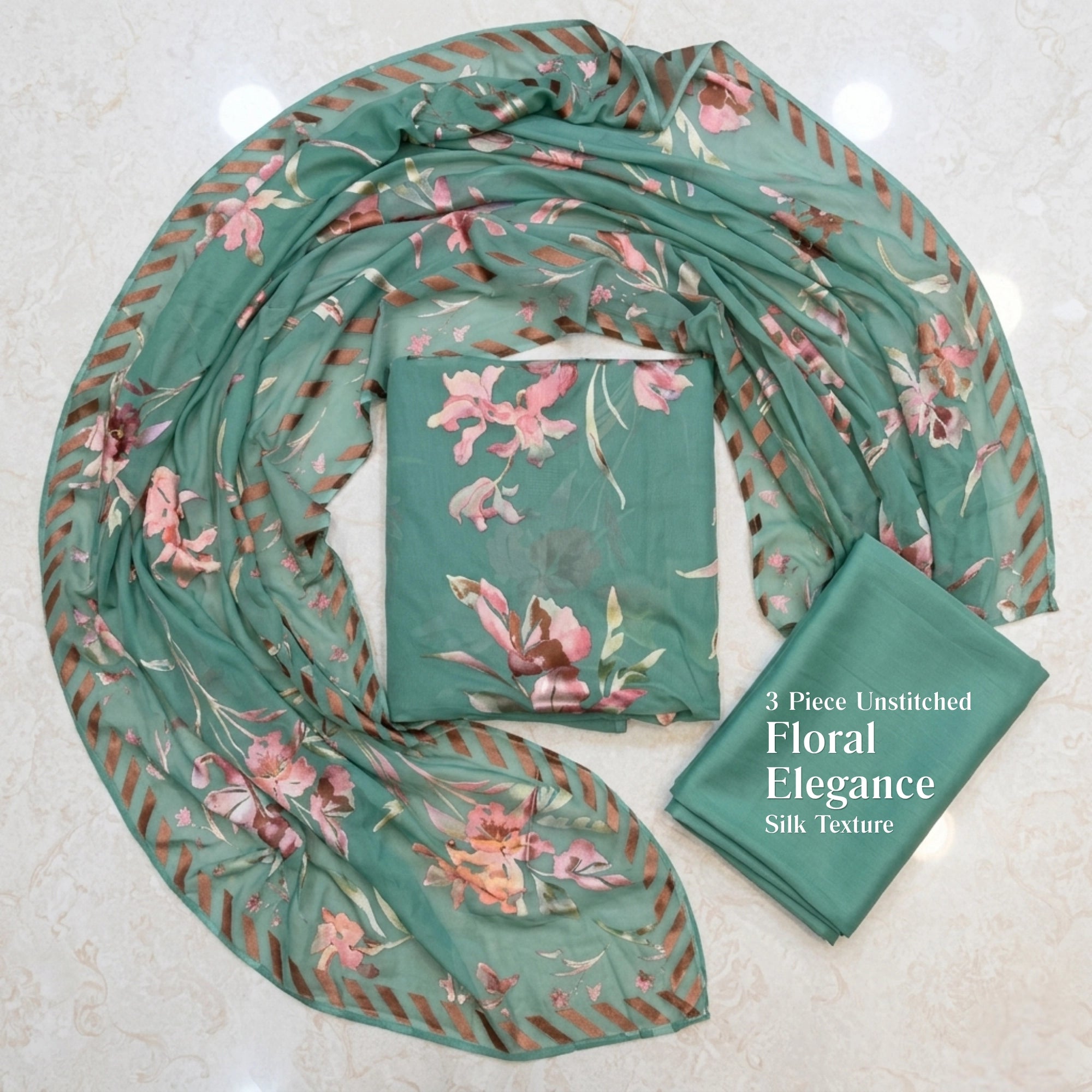 Sea Green Floral Barosha Silk 3 Piece Unstitched Suit