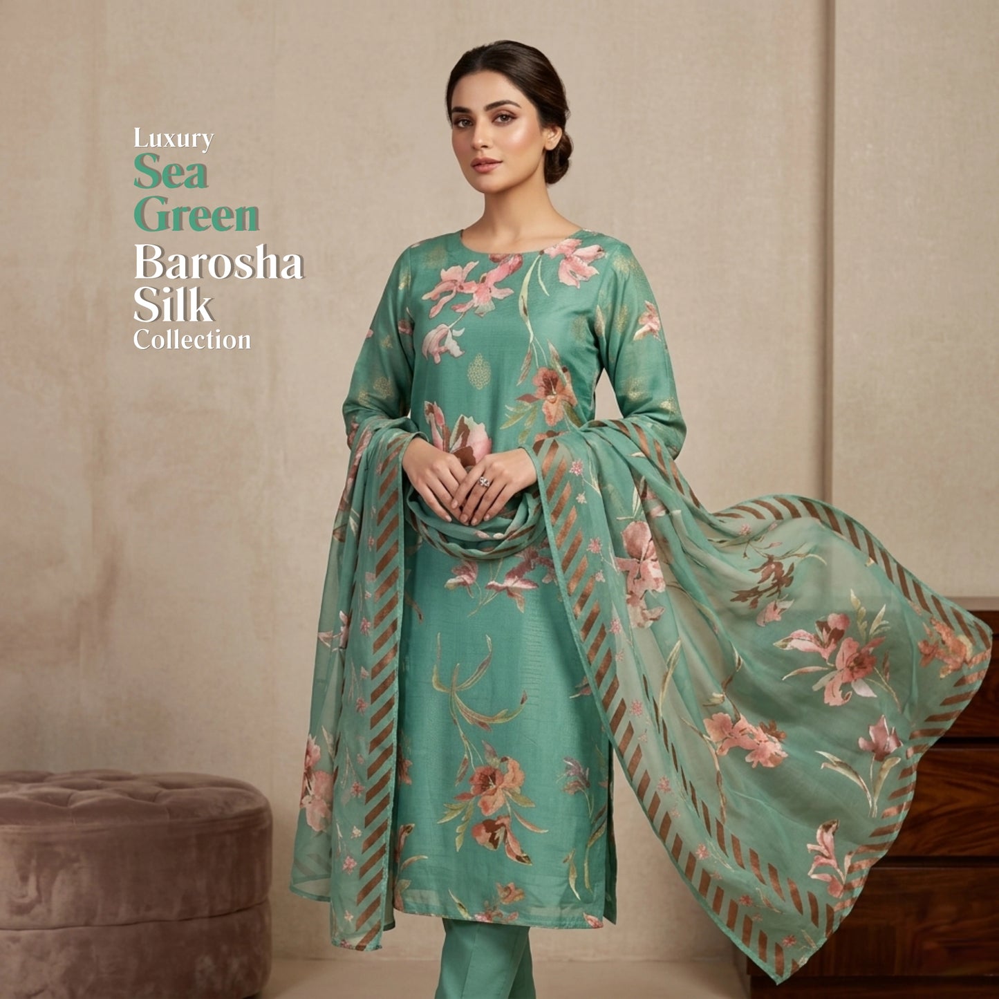 Sea Green Floral Barosha Silk 3 Piece Unstitched Suit