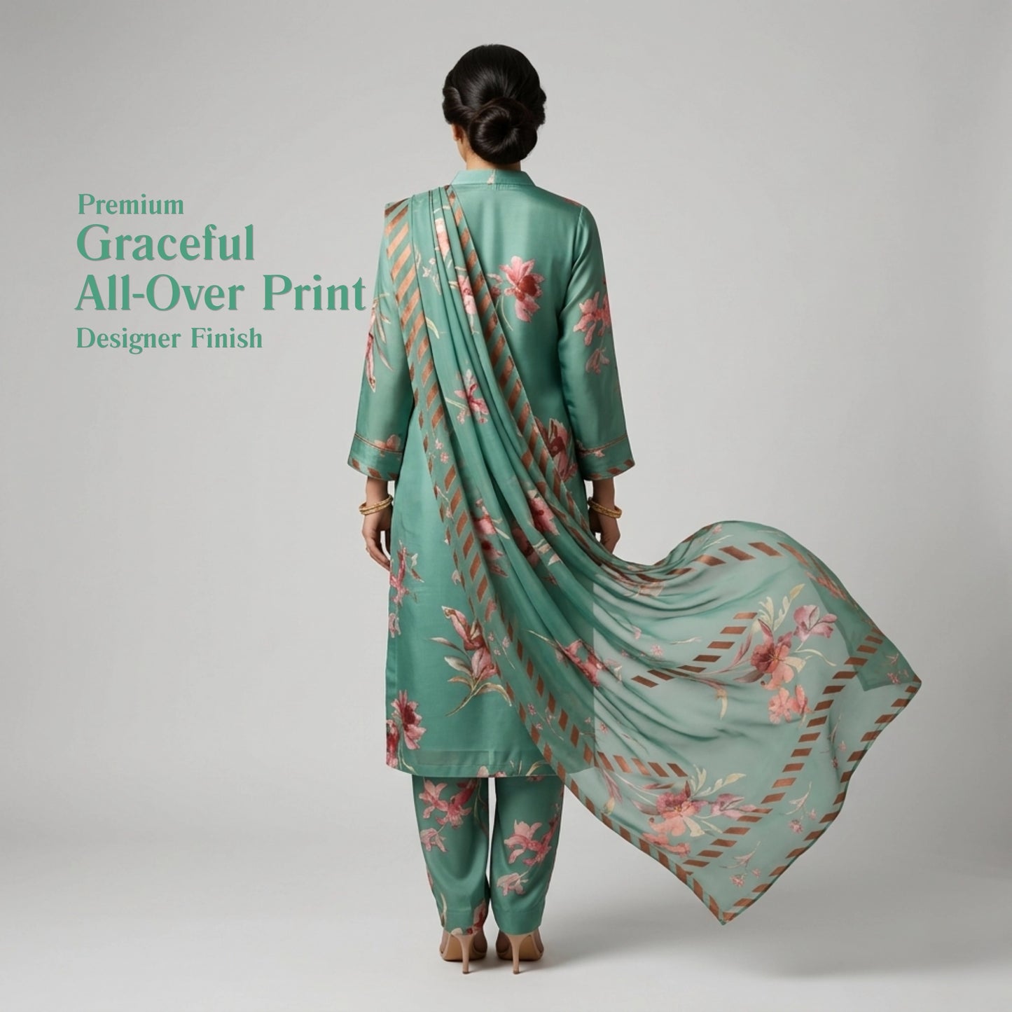 Sea Green Floral Barosha Silk 3 Piece Unstitched Suit