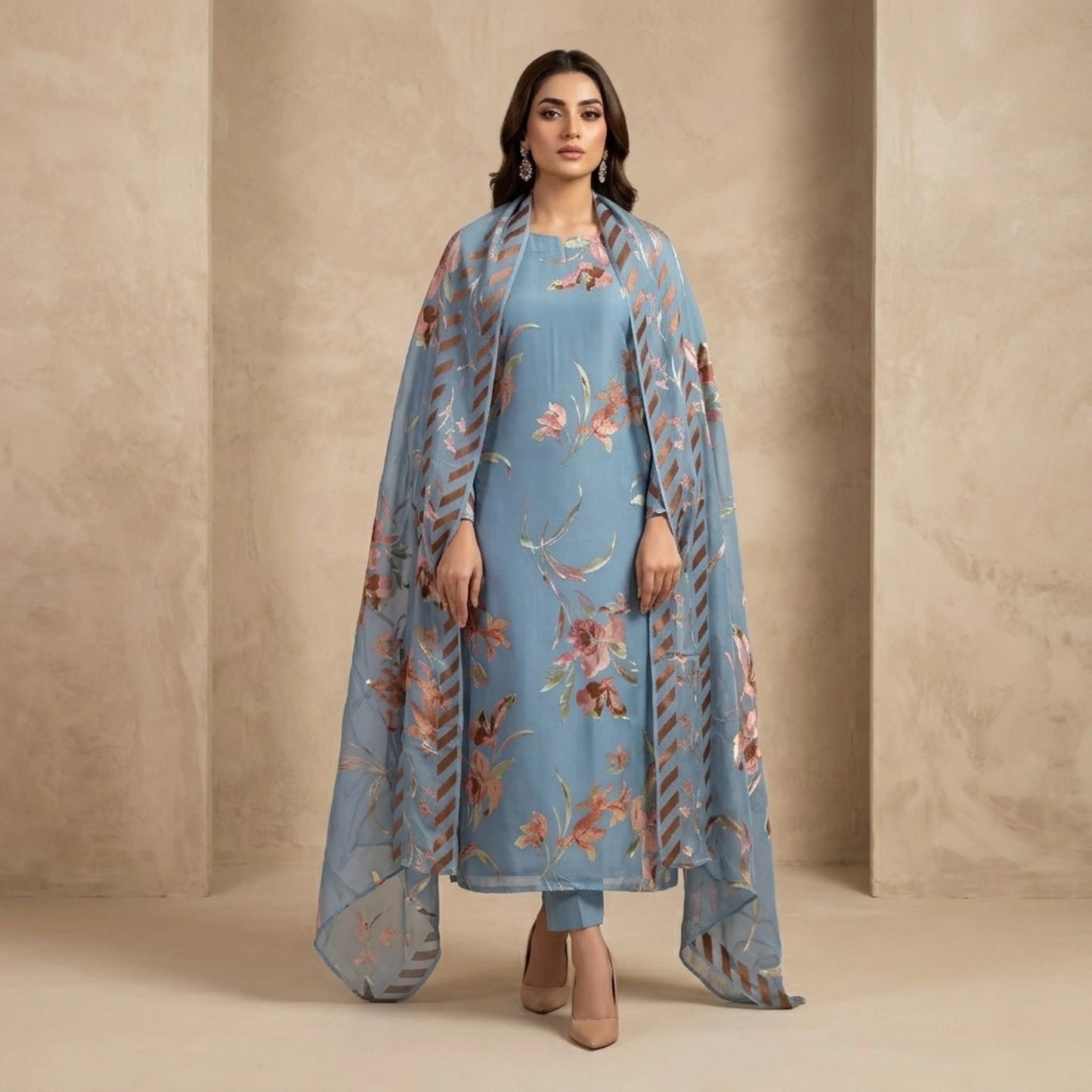Sky Blue Floral Barosha Silk 3 Piece Unstitched Suit