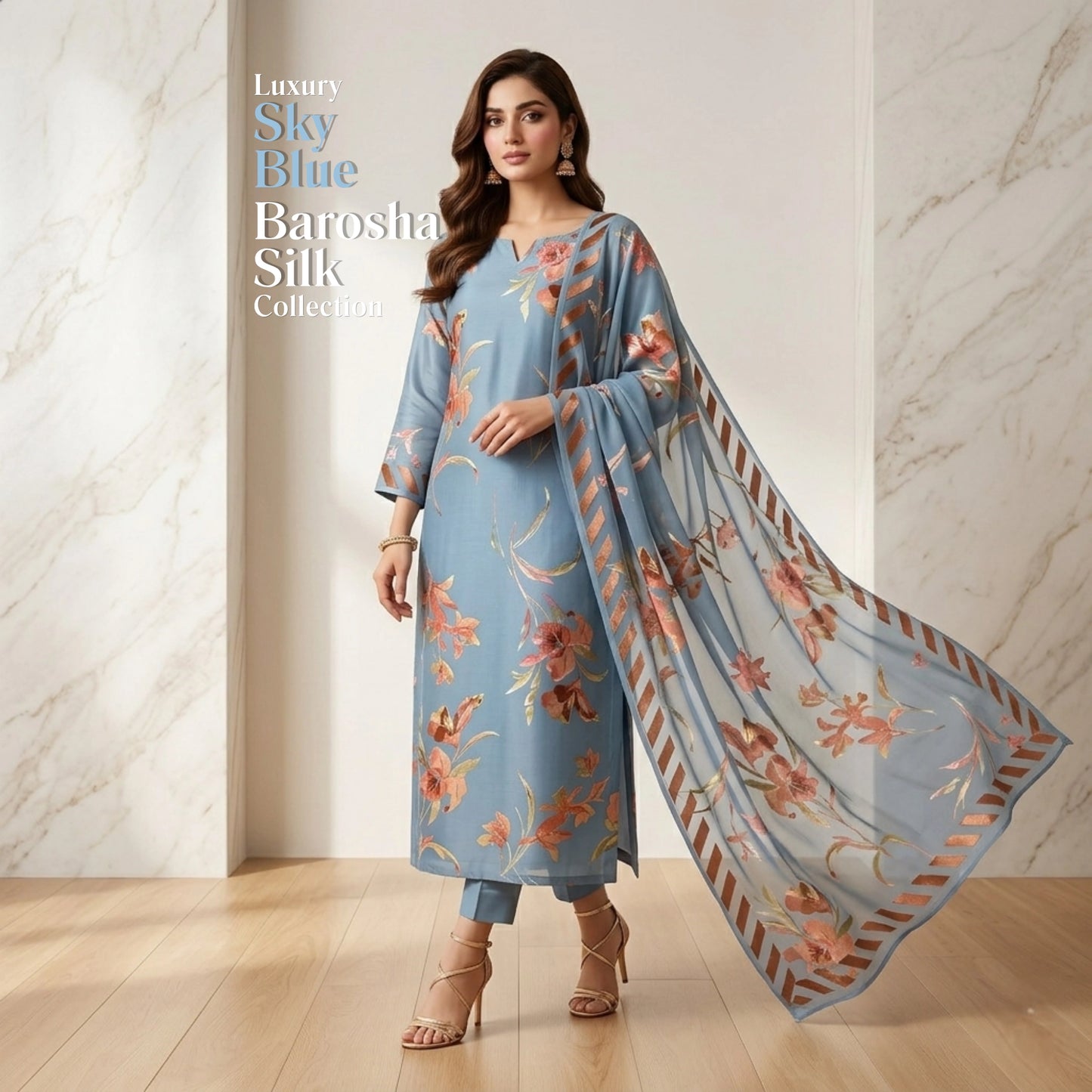 Sky Blue Floral Barosha Silk 3 Piece Unstitched Suit