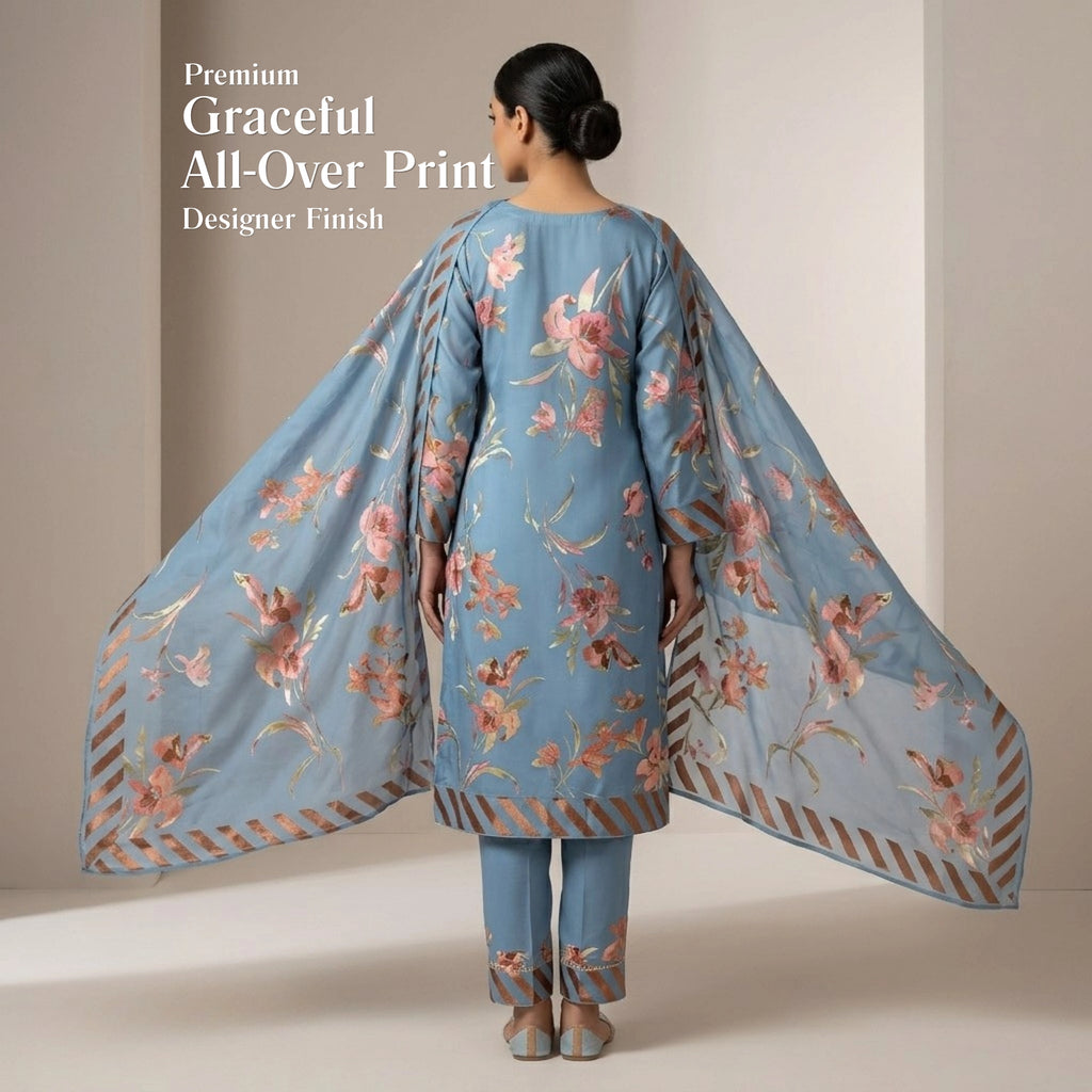 Sky Blue Floral Barosha Silk 3 Piece Unstitched Suit