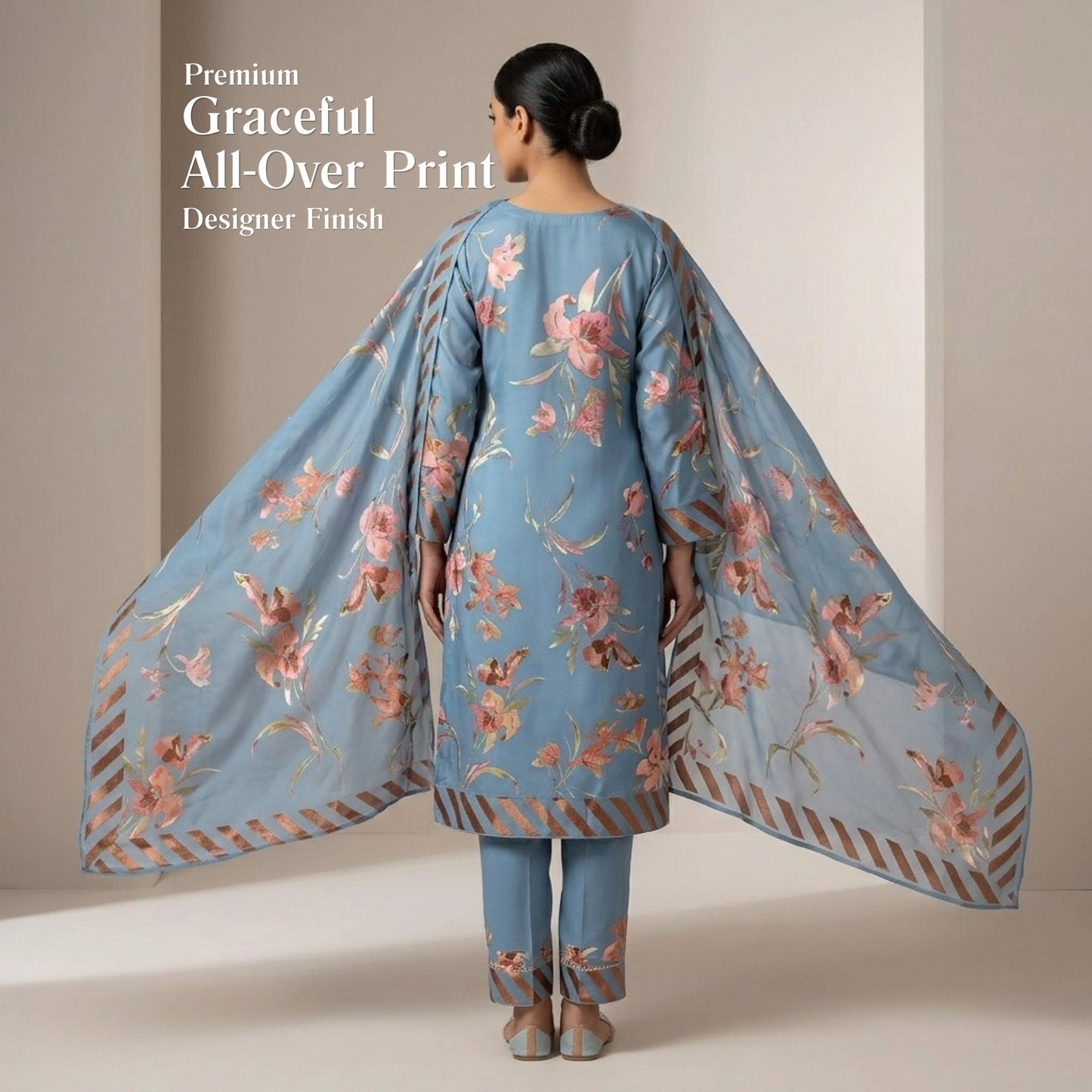 Sky Blue Floral Barosha Silk 3 Piece Unstitched Suit