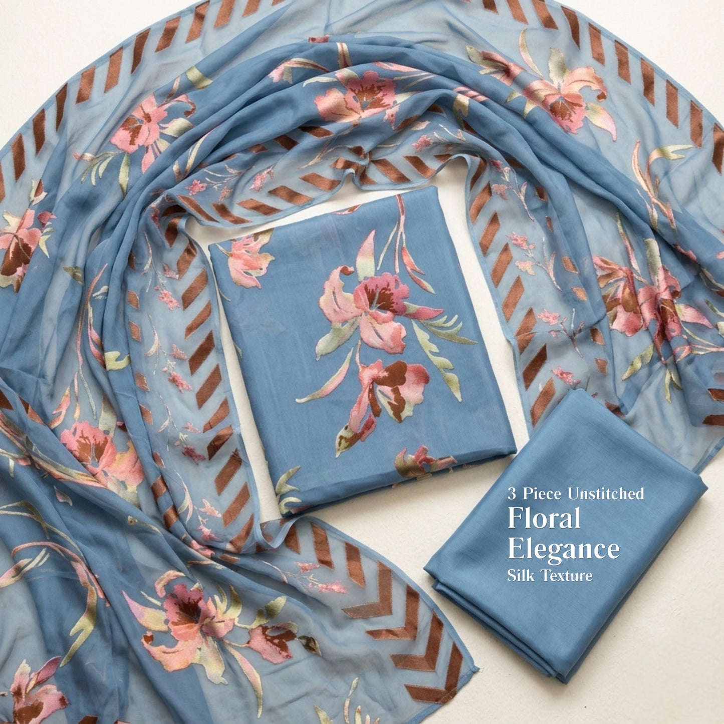 Sky Blue Floral Barosha Silk 3 Piece Unstitched Suit